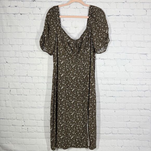Cottage Milkmaid Midi Dress Women Plus 3X Brown Floral Puff Sleeve Prairie - Picture 1 of 14